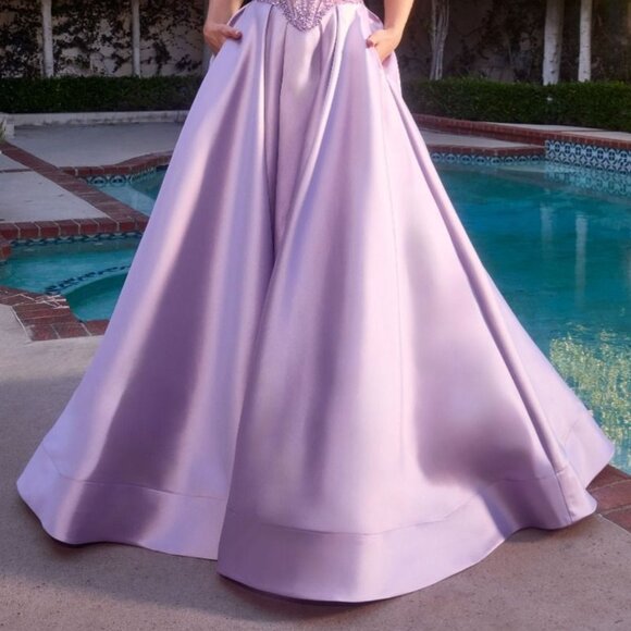 New Lavender Ceremonial Mikado Gown w/ Beaded Corset Bodice & Lace Up Back CD389 - Picture 9 of 14